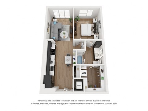 Floor plan for 1 bed, 1 bath, 726 sqft